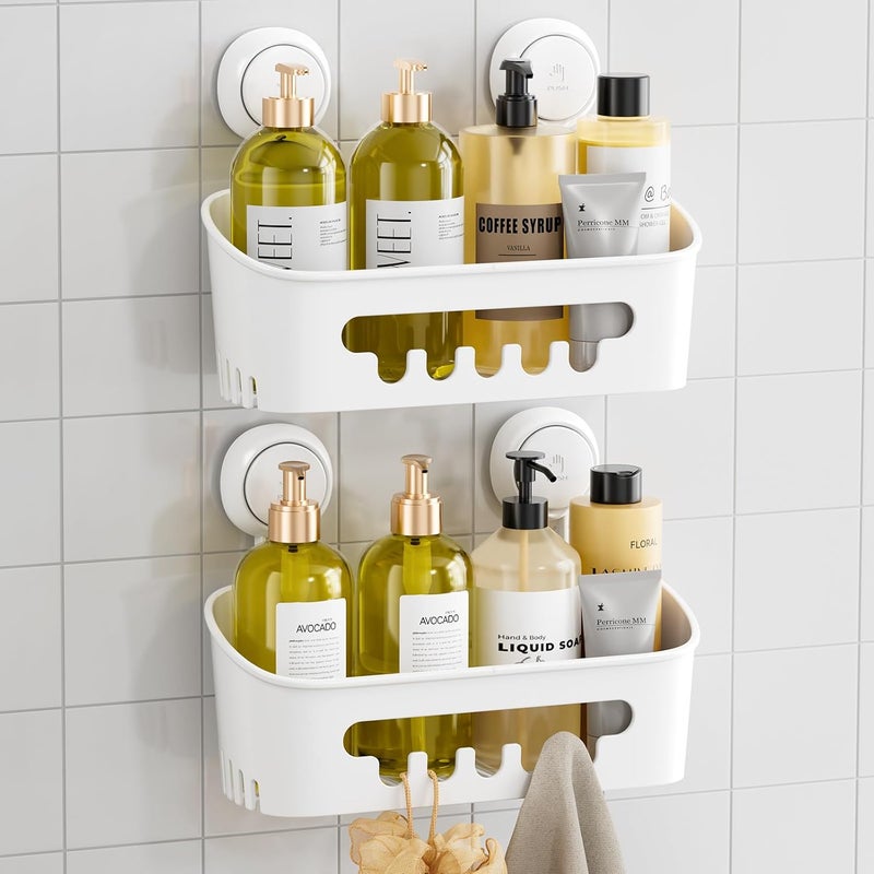 Taili Shower Caddy Suction Cup 2 Pack, Heavy Duty Bathroom Organizer, Removable Shelves for Inside Shower, Shampoo, Waterproof Suction Plastic Storage for Bathroom Accessories Holder, White - Image 1