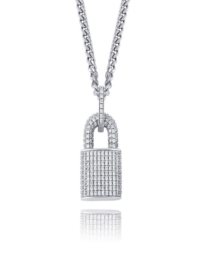 TOPGRILLZ 14K Gold Plated Iced out Lock Pendant Necklace for Women and Men Punk Rock Aesthetic Chains Padlock Necklace (White Gold) - Image 1