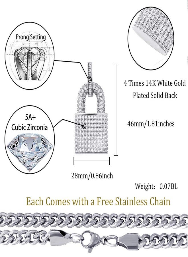 TOPGRILLZ 14K Gold Plated Iced out Lock Pendant Necklace for Women and Men Punk Rock Aesthetic Chains Padlock Necklace (White Gold) - Image 2