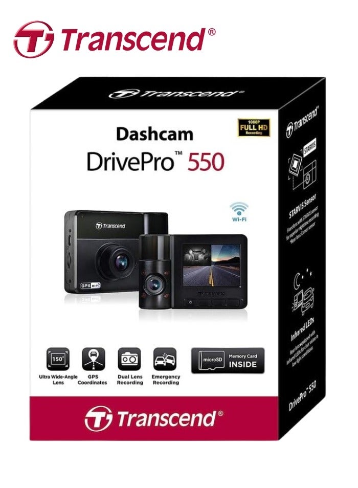 ترانسيند DrivePro 550 كاميرا داش جديدة للسيارة | 2K كيو اتش دي 1440 بكسل | سوني ستارفيس™ | واي فاي | نظام تحديد المواقع | بطارية مدمجة وشاشة عرض + بطاقة ذاكرة سعة 128 جيجابايت - Image 2