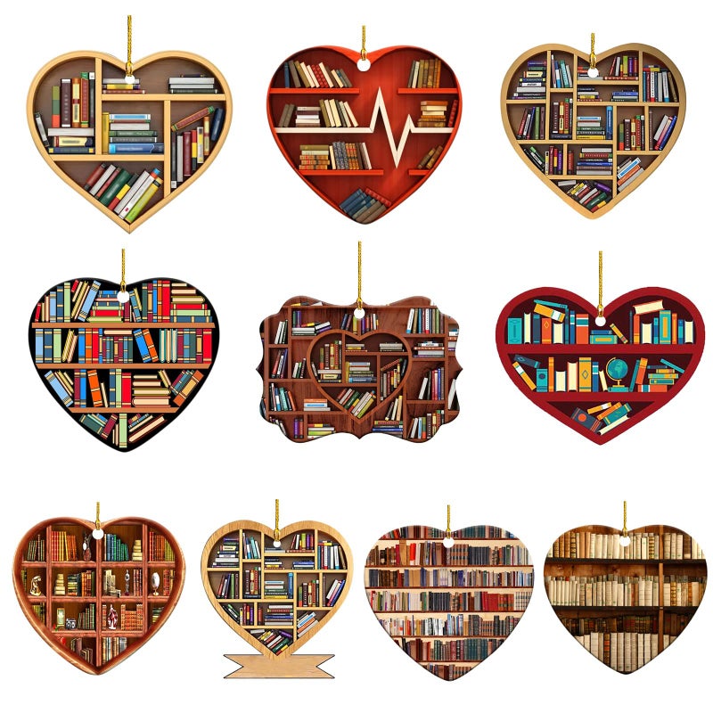 DD-life 10 Pcs Book Lovers Heart Librarian,Books Stacked,Bookshelf Decor,Library,Librarian Christmas Ornament - Image 1
