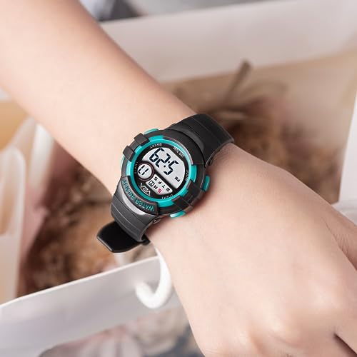 V2A Digital Watch for Boys Kids Between 3 to 10 Years of Age Multi-Functional 30 M Waterproof Digital Sports Leather Watches for Boys| Watch for Kids Age 3 5 6 7 8 (Green Case and Black Band) - Image 3