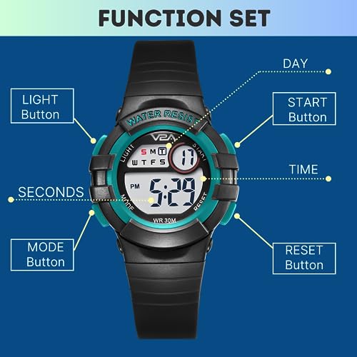 V2A Digital Watch for Boys Kids Between 3 to 10 Years of Age Multi-Functional 30 M Waterproof Digital Sports Leather Watches for Boys| Watch for Kids Age 3 5 6 7 8 (Green Case and Black Band) - Image 5