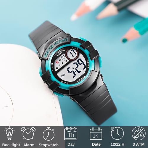 V2A Digital Watch for Boys Kids Between 3 to 10 Years of Age Multi-Functional 30 M Waterproof Digital Sports Leather Watches for Boys| Watch for Kids Age 3 5 6 7 8 (Green Case and Black Band) - Image 2