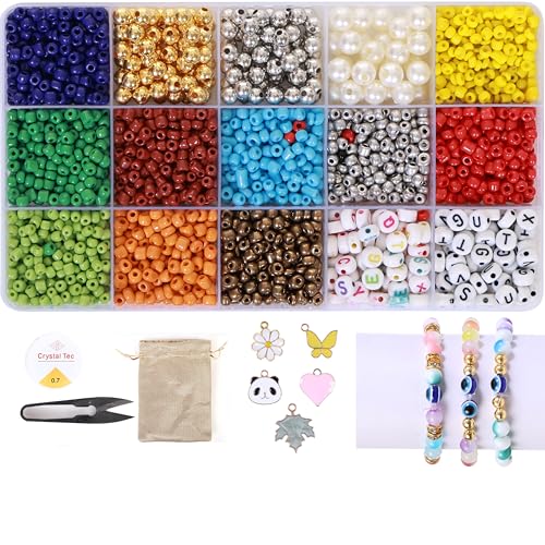 Ambitieux 15-Compartment Bracelet Making Kit with 6/0 Seed Beads – 1400+ Colorful Including Metallic, Pearl, Alphabet & Charms – DIY Jewelry Making Set for Kids with Elastic Thread, Cutter & Pouch Birthday 1 2 3 4 5 6 7 8 9 age years (Seed Beads) - Image 1