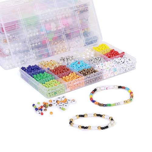 Ambitieux 15-Compartment Bracelet Making Kit with 6/0 Seed Beads – 1400+ Colorful Including Metallic, Pearl, Alphabet & Charms – DIY Jewelry Making Set for Kids with Elastic Thread, Cutter & Pouch Birthday 1 2 3 4 5 6 7 8 9 age years (Seed Beads) - Image 5