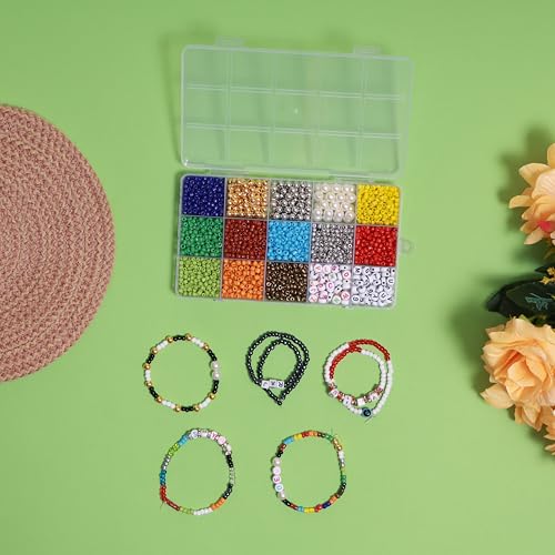 Ambitieux 15-Compartment Bracelet Making Kit with 6/0 Seed Beads – 1400+ Colorful Including Metallic, Pearl, Alphabet & Charms – DIY Jewelry Making Set for Kids with Elastic Thread, Cutter & Pouch Birthday 1 2 3 4 5 6 7 8 9 age years (Seed Beads) - Image 2