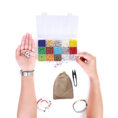 Ambitieux 15-Compartment Bracelet Making Kit with 6/0 Seed Beads – 1400+ Colorful Including Metallic, Pearl, Alphabet & Charms – DIY Jewelry Making Set for Kids with Elastic Thread, Cutter & Pouch Birthday 1 2 3 4 5 6 7 8 9 age years (Seed Beads) - Image 3