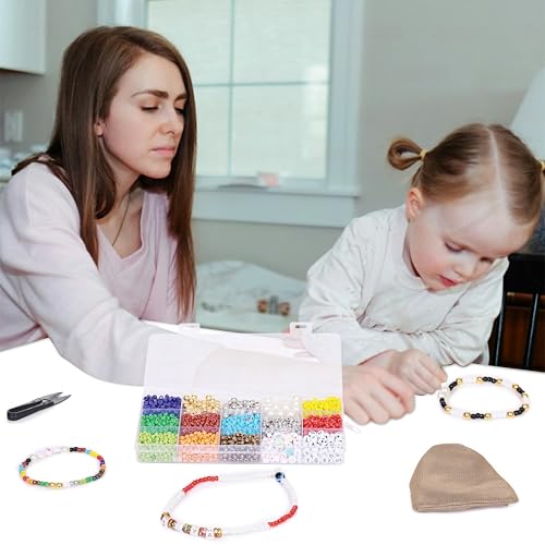 Ambitieux 15-Compartment Bracelet Making Kit with 6/0 Seed Beads – 1400+ Colorful Including Metallic, Pearl, Alphabet & Charms – DIY Jewelry Making Set for Kids with Elastic Thread, Cutter & Pouch Birthday 1 2 3 4 5 6 7 8 9 age years (Seed Beads) - Image 4