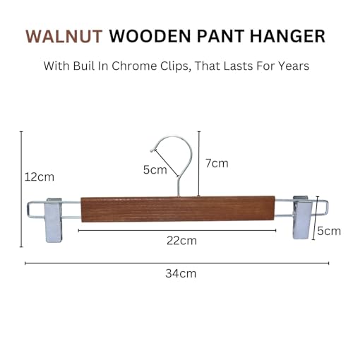 BLOOMAX® 12 Pcs Wooden Pant Hangers – Walnut Finish, 34 cm, Adjustable Chrome Clips, Non-Slip & Space Saving for Trouser, Skirt, Saree (Durable, Made in India) - Image 4