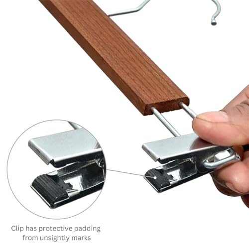 BLOOMAX® 12 Pcs Wooden Pant Hangers – Walnut Finish, 34 cm, Adjustable Chrome Clips, Non-Slip & Space Saving for Trouser, Skirt, Saree (Durable, Made in India) - Image 5