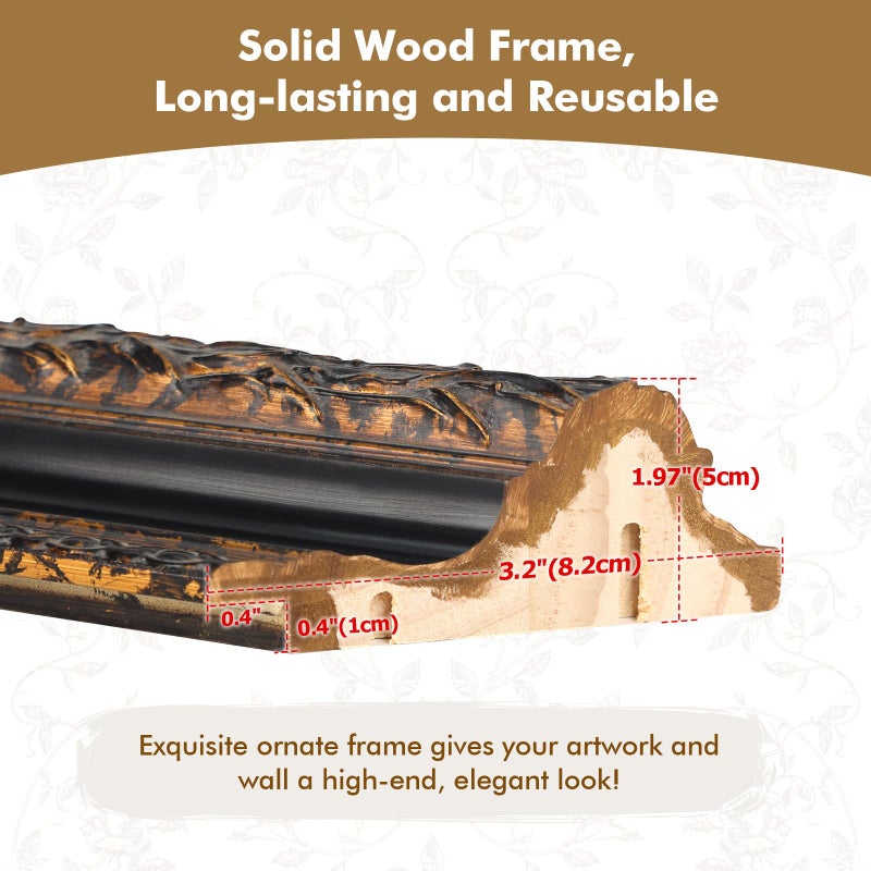 FOLKOR Classical DIY Wood Plein Air Frame for 18x24 Handmade Paintings, 3.2â€ Wide Antique Black Gold Embossed Art Frame for Artists Exhibition Gallery Show Memorial Portrait, No Glass Cover & Back - Image 3