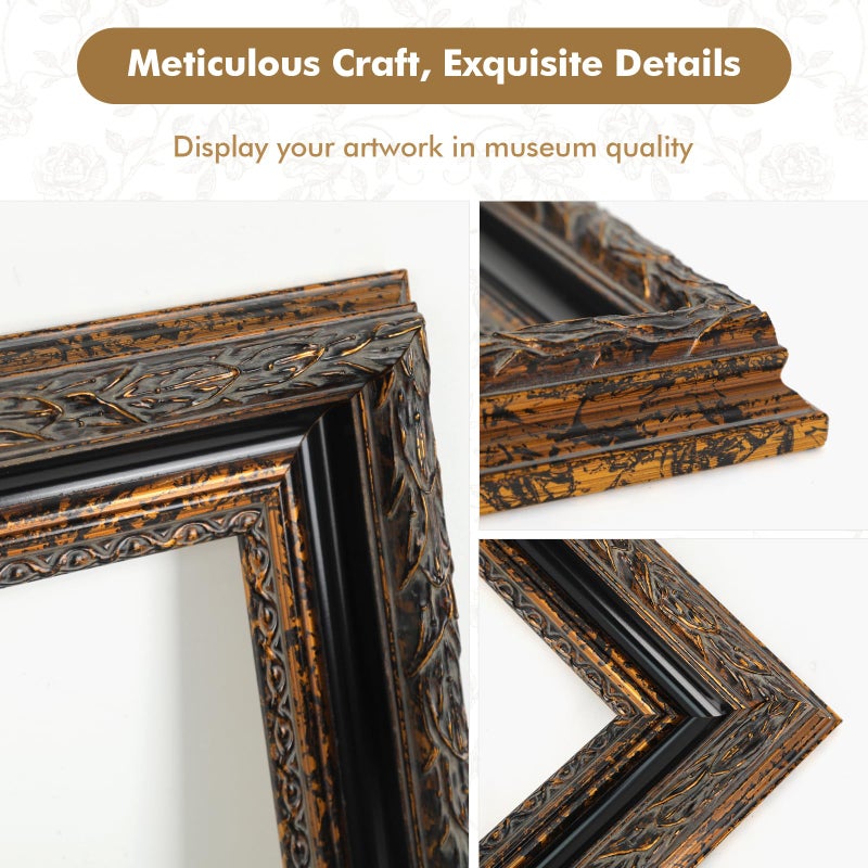 FOLKOR Classical DIY Wood Plein Air Frame for 18x24 Handmade Paintings, 3.2â€ Wide Antique Black Gold Embossed Art Frame for Artists Exhibition Gallery Show Memorial Portrait, No Glass Cover & Back - Image 4