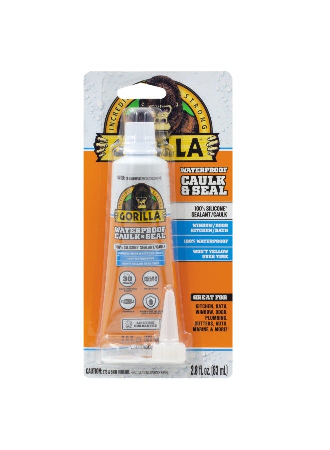 Gorilla Waterproof Caulk & Seal Silicone Sealant, 2.8oz Squeeze Tube (Pack of 1) - White Caulking Sealant for Kitchen, Window, Bath, Marine, Door and More