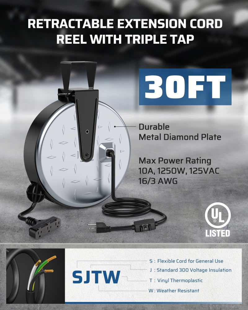 DEWENWILS Metal Extension Cord Reel,30FT Retractable Extension Cord, 16AWG/3C SJTW Power Cord, 3 Electrical Outlets, 10A Circuit Breaker, Wall or Ceiling Mountable for Workshop, Garage, UL Listed - Image 3
