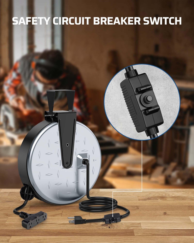 DEWENWILS Metal Extension Cord Reel,30FT Retractable Extension Cord, 16AWG/3C SJTW Power Cord, 3 Electrical Outlets, 10A Circuit Breaker, Wall or Ceiling Mountable for Workshop, Garage, UL Listed - Image 5
