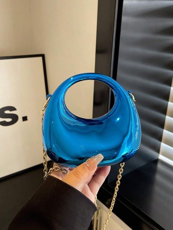DOSYSO Women and Girls Moon Clutch Purse Metallic Acrylic Evening Handbag Crossbody Sling Bags With Detachable Chain Strap Glossy Stylish Latest Small Size Cute Wallet Party Wedding Gift Item (Blue) - Image 2