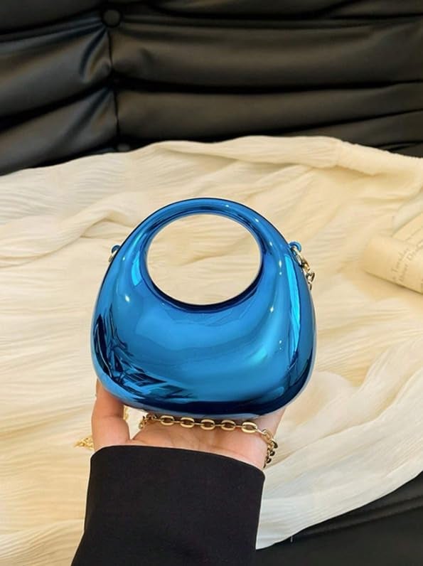 DOSYSO Women and Girls Moon Clutch Purse Metallic Acrylic Evening Handbag Crossbody Sling Bags With Detachable Chain Strap Glossy Stylish Latest Small Size Cute Wallet Party Wedding Gift Item (Blue) - Image 3