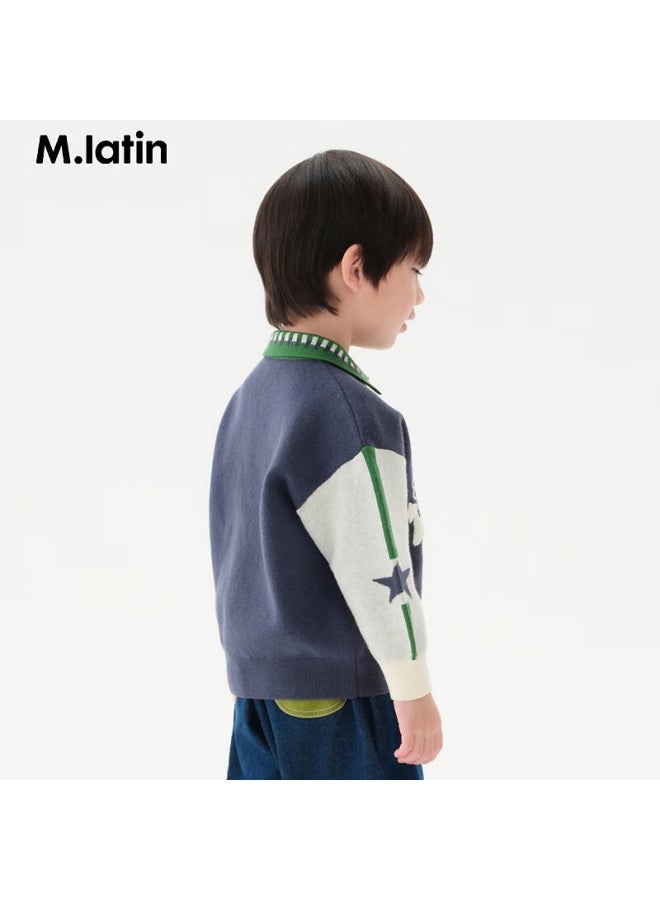 M.latin Children's Sweater, Winter New Style, Girls' Lapel Sweater, Navy Blue, 90cm - Image 1