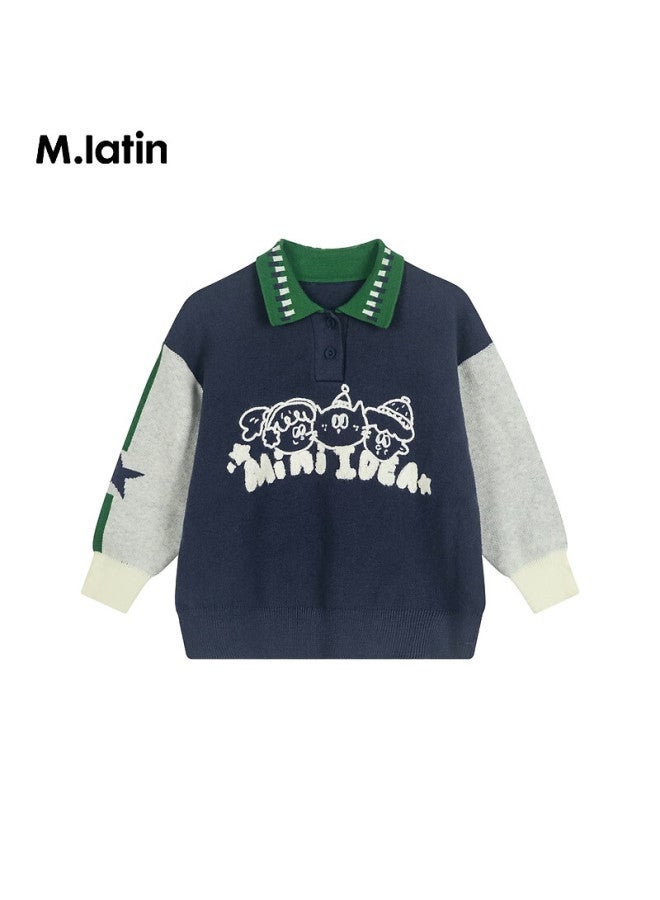 M.latin Children's Sweater, Winter New Style, Girls' Lapel Sweater, Navy Blue, 90cm - Image 2