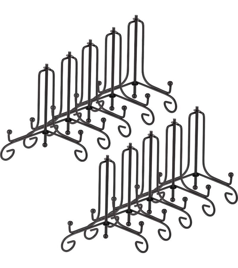 10 Pack Heavy Duty Iron Plate Display Easels Curved Leg Stand Stable Base For Plates Frames Books Decorative Dishes New Black Tabletop Racks For Wedding Party Retail Easy Assembly - Image 1