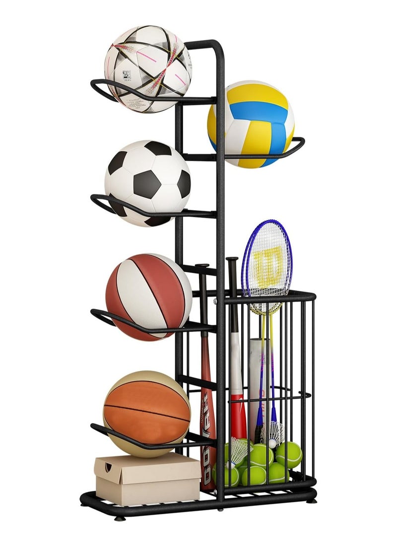 DubaiGallery Basketball Display Rack with Storage Basket for Household, Sports Equipment Rack Garage Sports Organizer Display Stand for Balls  - Image 1