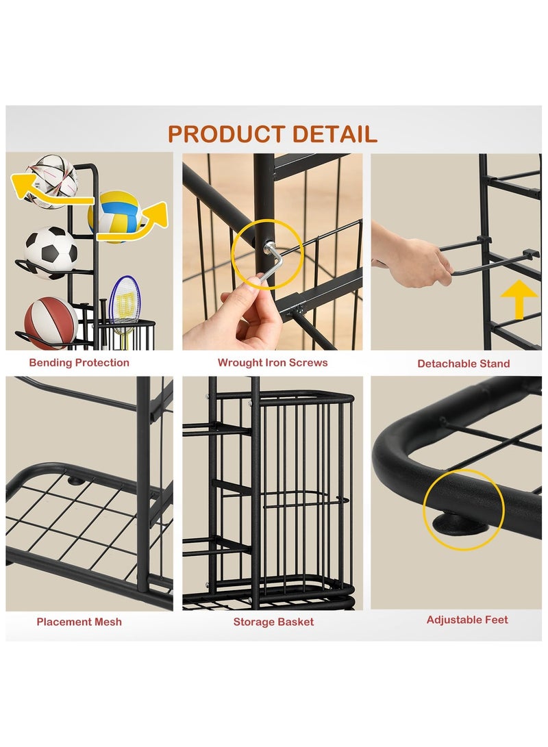 DubaiGallery Basketball Display Rack with Storage Basket for Household, Sports Equipment Rack Garage Sports Organizer Display Stand for Balls  - Image 4