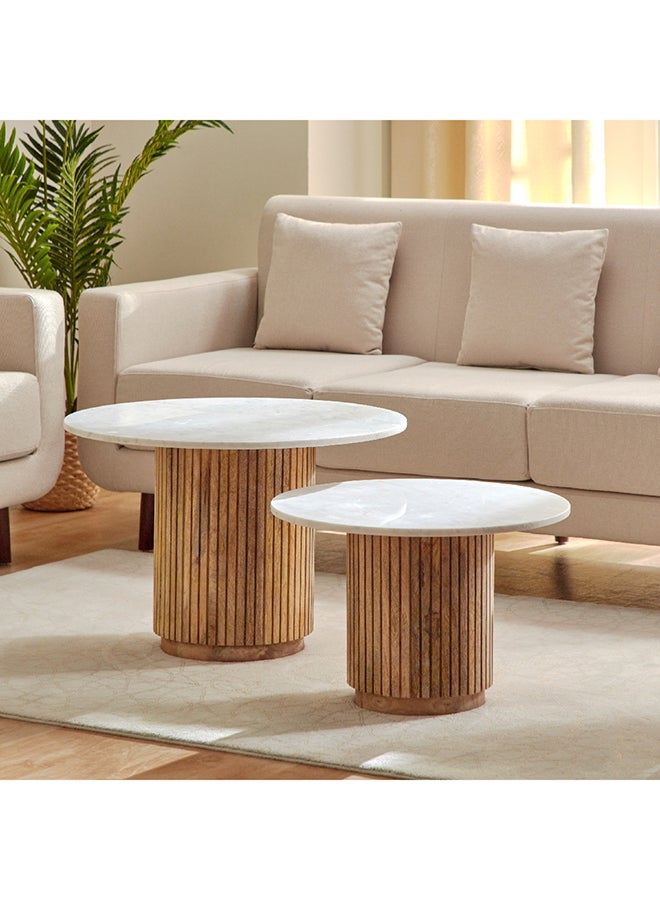 هوم بوكس طقم طاولات قهوة خشب صلب بسطح رخام مستدير قطعتين إن أكس تي من فلوتد - Image 1