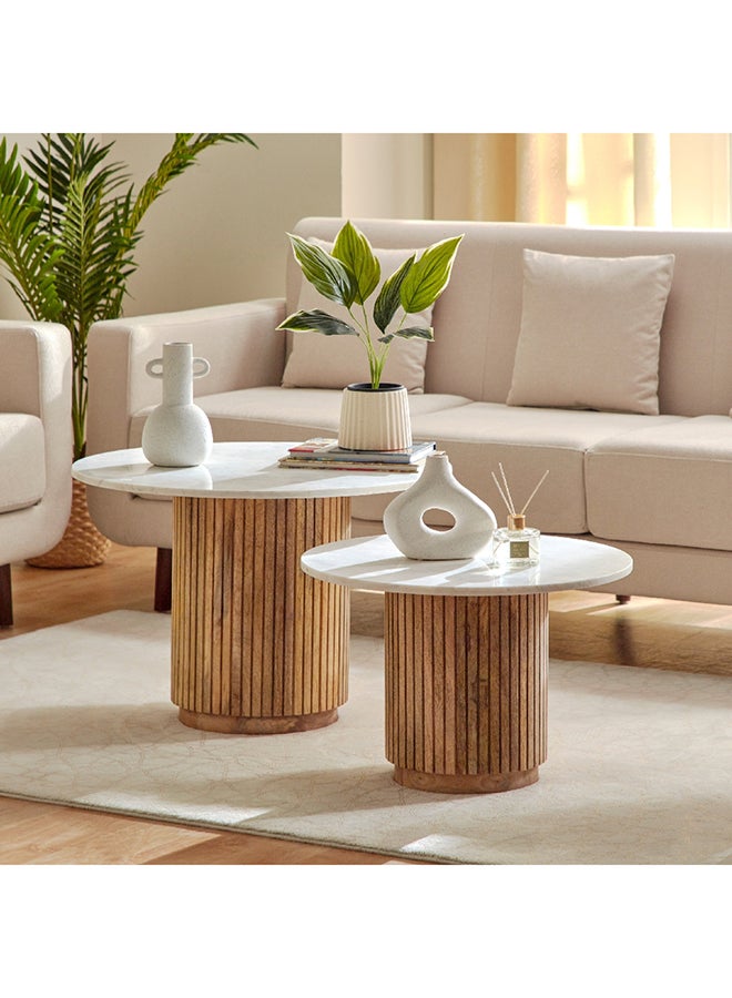 هوم بوكس طقم طاولات قهوة خشب صلب بسطح رخام مستدير قطعتين إن أكس تي من فلوتد - Image 2