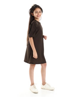 Andora Girls Summer Elegant Round Neck Dress - Brown  - Image 3
