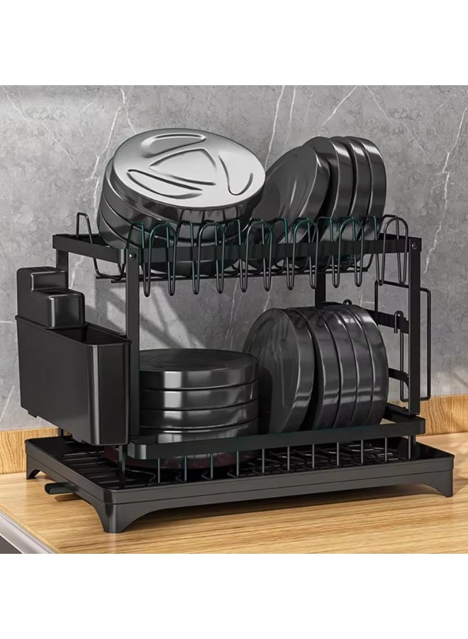 Mini Treasures 2 Tier Dish Drying Rack, Dish Drainer with Drip Tray & Swivel Drainage Spout, Utensil Holder, Cup Holder, Cutting-Board Holder and Plate Holder Stand for Kitchen Counter Black - Image 2