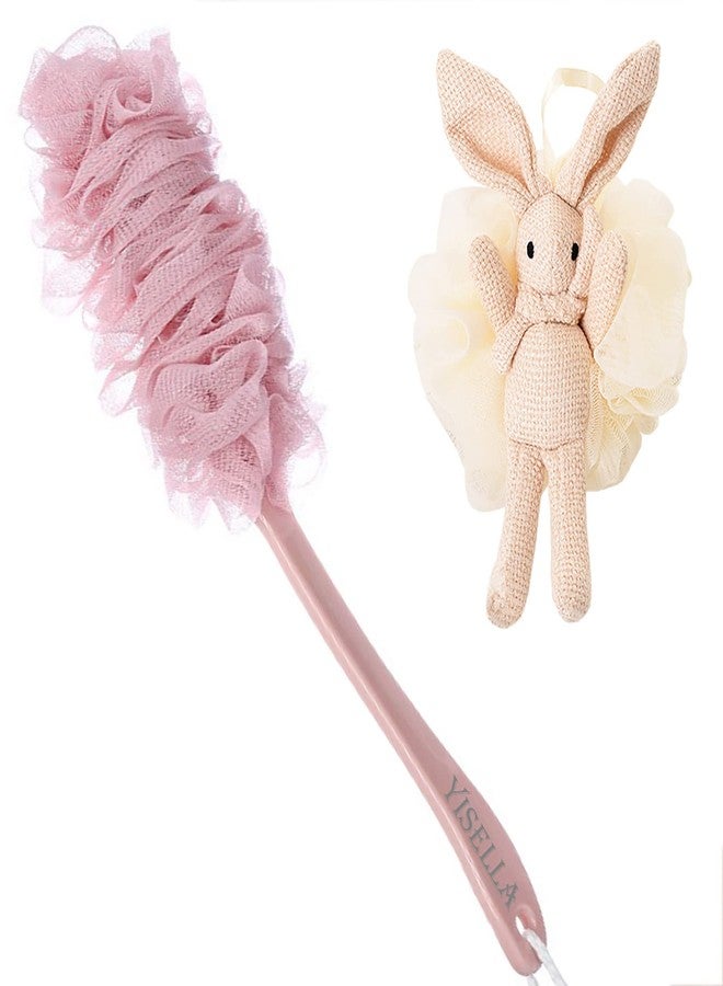 Yisella Shower Back Brush Long Handle Exfoliating + White Rabbit Loofah Sponge Pack of 2 - Image 1