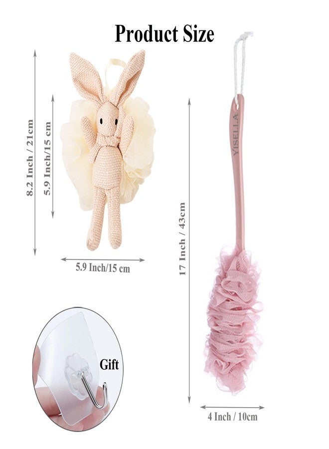 Yisella Shower Back Brush Long Handle Exfoliating + White Rabbit Loofah Sponge Pack of 2 - Image 2