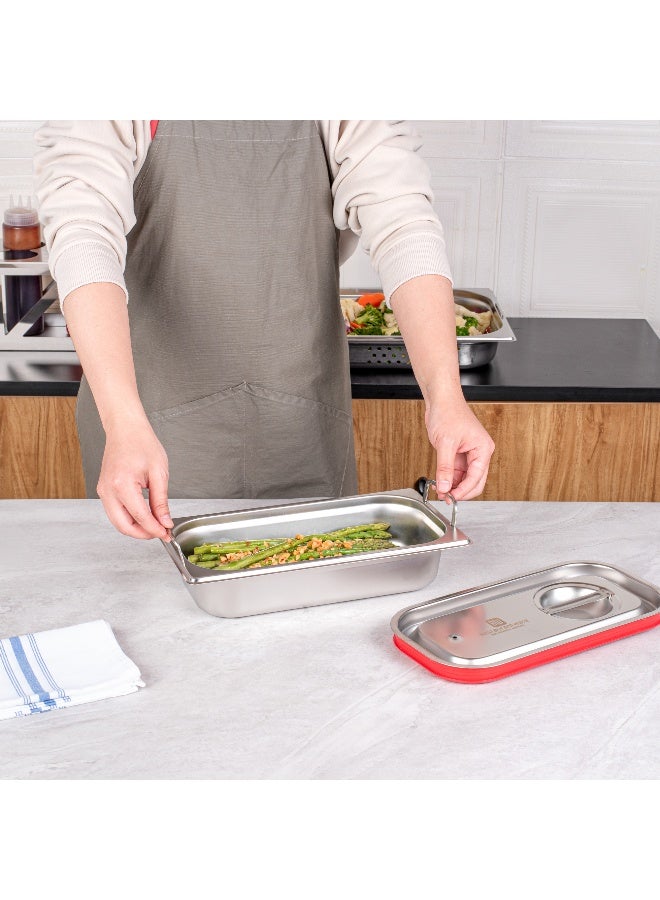 Restaurantware Met Lux 12.8 Inch x 7 Inch x 2.5 Inch Steam Table Pan, 1 One Third Size Hotel Pan - Anti-Jam, Deep, Silver Stainless Steel Table Pan, With Collapsible Handles, For Parties Or Events - Image 5