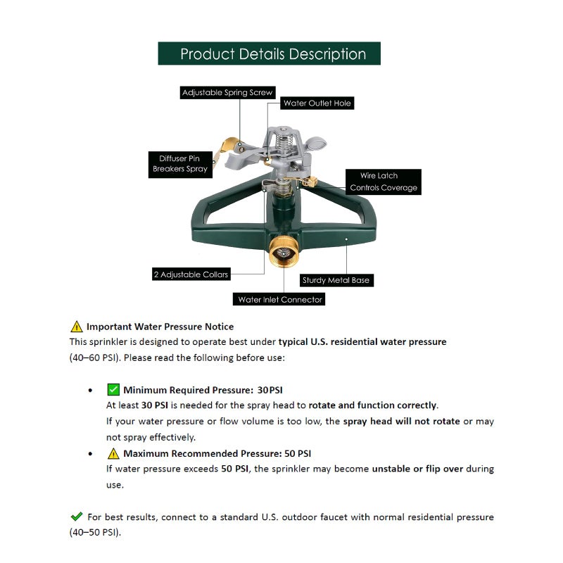 WEMADE Heavy Duty Metal Pulsating Sprinklers for Yard - 360 Degree Roating Automatic Water Sprinkler for Lawn with Metal Base, Impact Sprinklers for Large Area Covers Up to 85â€˜ Diameter - Image 2