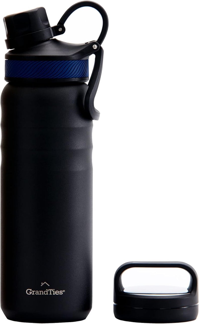 GRANDTIES 2 Lids Sports Stainless Steel Water Bottles  Wide Mouth Vacuum Insulated Reusable Leak Proof BPAFree Travel Metal Canteen Thermos Bottles for Men Women Gym Midnight Black 24 oz
