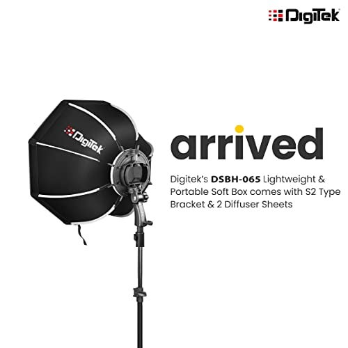 DIGITEK® (DSBH-065) مجموعة صندوق ناعم محمول 65 سم مع حامل نوع S2، 2 موزع أبيض، حاجز جزيئات فضية، غطاء نايلون قابل للطي، حقيبة حمل، متوافق مع فلاشات السرعة - Image 2