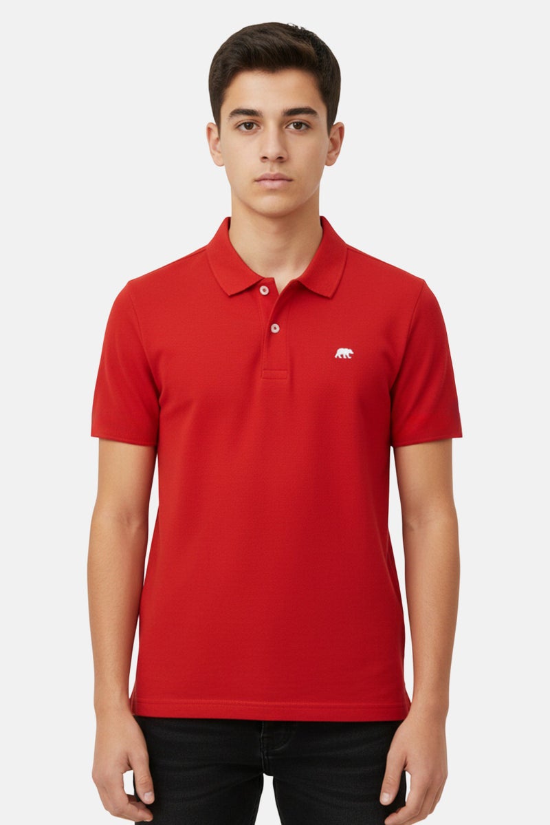 Bearpaw Kids Boy Regular Fit Embroidered Logo Short Sleeve Polo Shirt, Red - Image 1