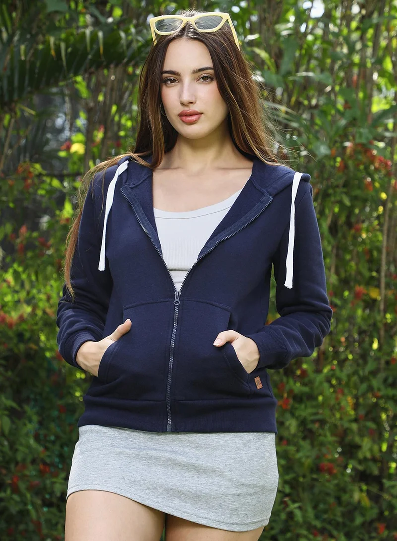 Campus Sutra Women's Navy Blue Solid Zip-Front Hoodie For Casual Wear | Hooded Neck | Long Cuffed Sleeves | Zipper Closure | Sweatshirt Crafted With Comfort Fit For Everyday Wear
