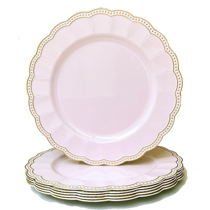 PINK ROUND CHARGER PLATES13 INCH METALLIC CHARGERS FOR DINNER PLATES GOLD BEAD RIM PLASTIC CHARGERS FOR DINING WEDDING PARTY SHOWER 6 PACK DECORATIVE HOLIDAY TABLETOP DECOR