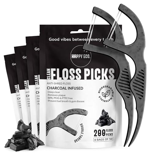 HAPPY ECO Dental Floss Picks for Teeth (200ct) - Double Thread Tooth Picks Flossers for Adults, Toothpicks Floss, Vegan Corn-Straw Handle, Shred-Resistant String for Interdental Oral Care & Gum Health, Charcoal - Image 1