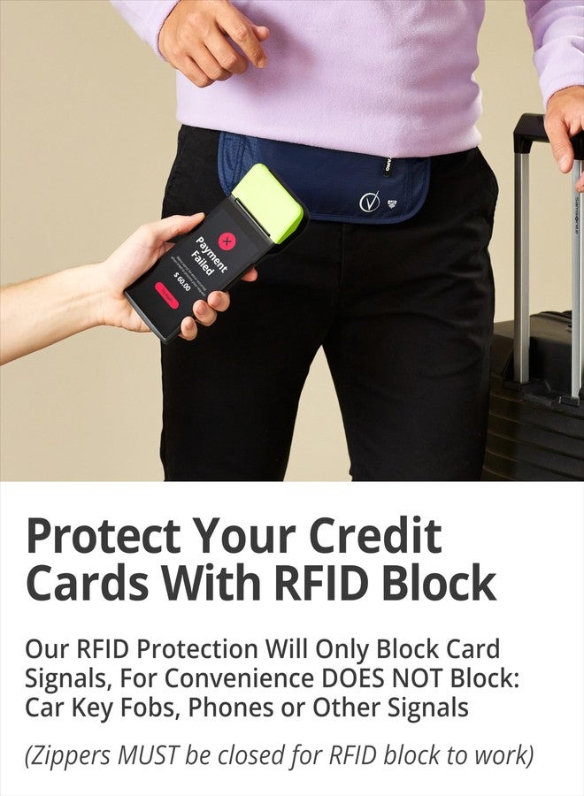 فانتامو حزام نقود فانتامو مزود بتقنية RFID للرجال والنساء، وحافظة جواز سفر مخفية للسفر، وحقيبة خصر للسفر للنساء مزودة بجيبين مضادين للسرقة، باللونين الأزرق الداكن والأسود، مقاس واحد - Image 3