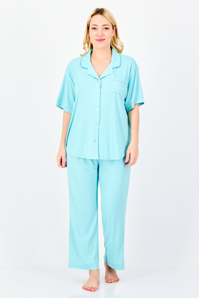 PJ Couture Women 2 Pieces Ribbed Short Sleeve Pajama Top And Bottom Set, Turquoise - Image 1