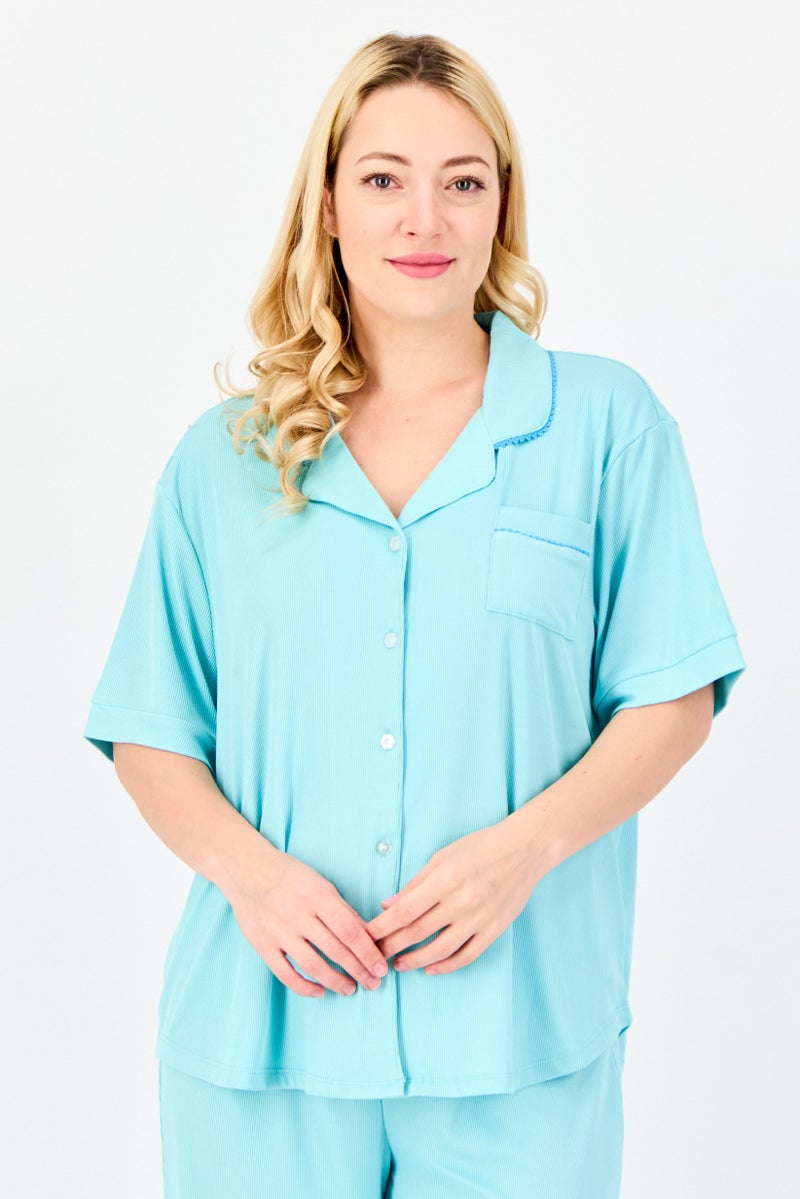 PJ Couture Women 2 Pieces Ribbed Short Sleeve Pajama Top And Bottom Set, Turquoise - Image 2