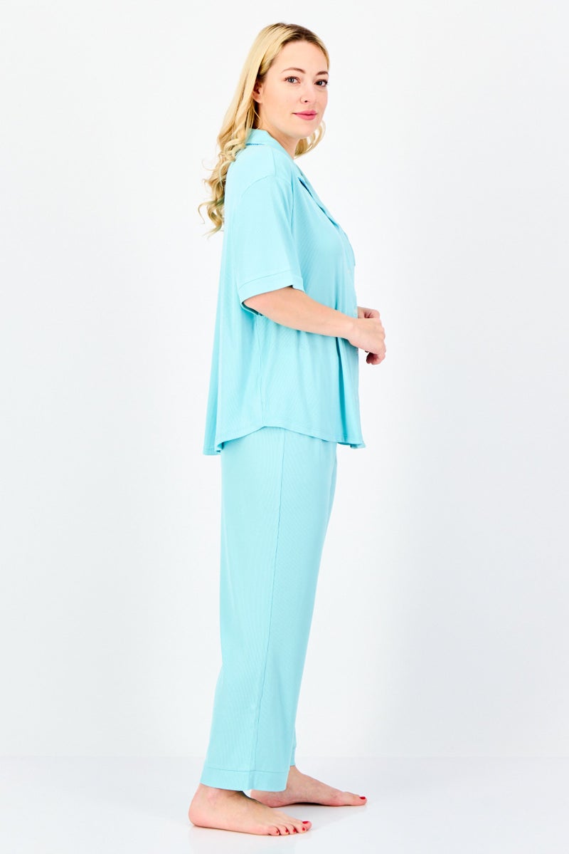 PJ Couture Women 2 Pieces Ribbed Short Sleeve Pajama Top And Bottom Set, Turquoise - Image 4