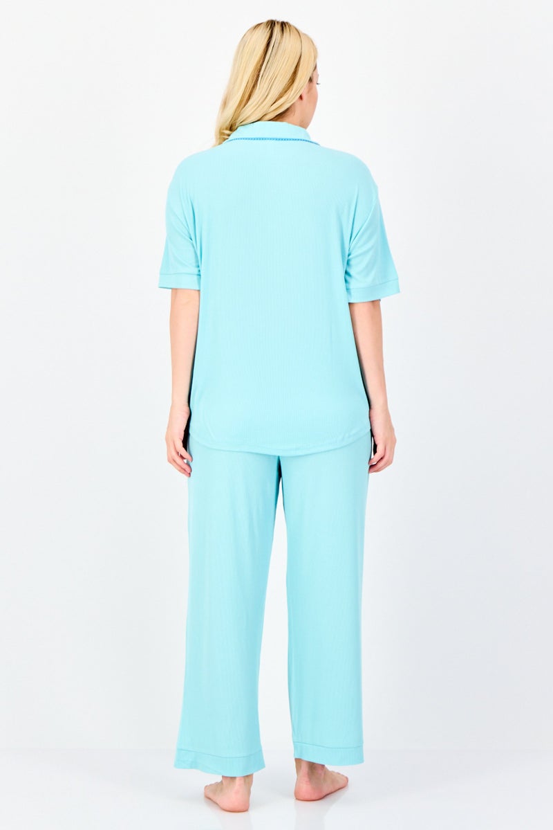 PJ Couture Women 2 Pieces Ribbed Short Sleeve Pajama Top And Bottom Set, Turquoise - Image 3