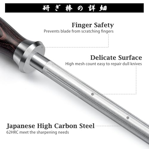 HOSHANHO Honing Rod12 Inch Professional Kitchen Knife Sharpener Rod Japanese High Carbon Knife Sharpening Steel with Ergonomic Pakkawood Handle Ideal for All Chef Knives - Image 3