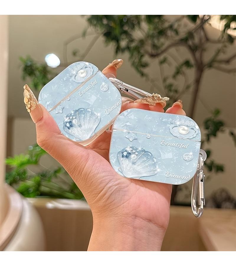 AirPods 3 Plastic Case Light Blue With Pearl Seashell Decor Silver Carabiner Clip - Image 2