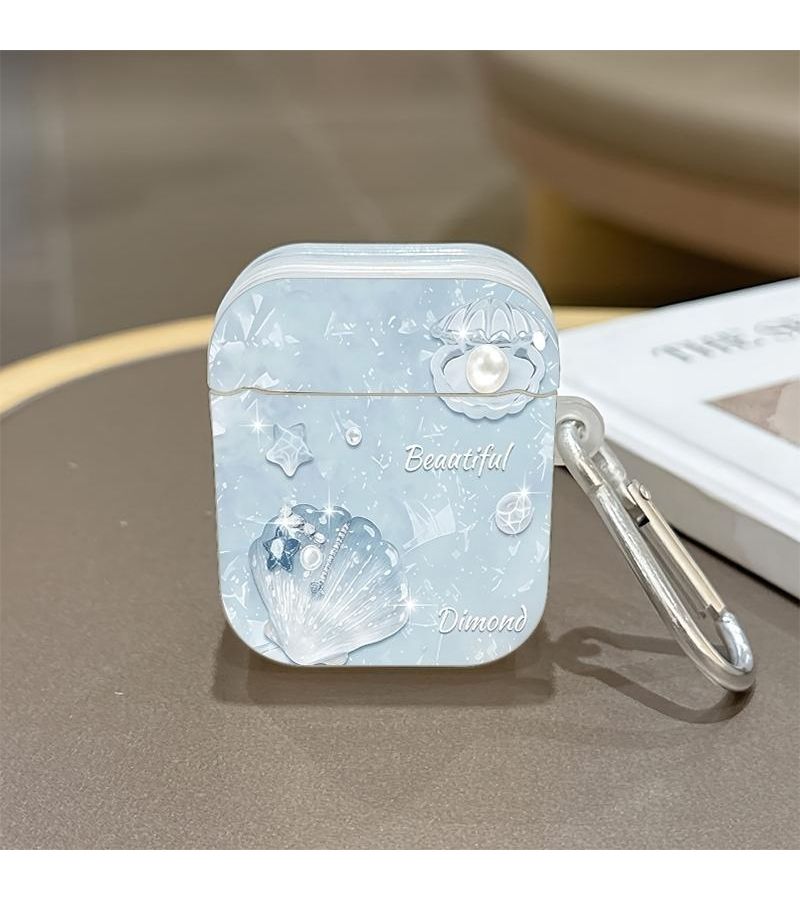 AirPods 3 Plastic Case Light Blue With Pearl Seashell Decor Silver Carabiner Clip - Image 5