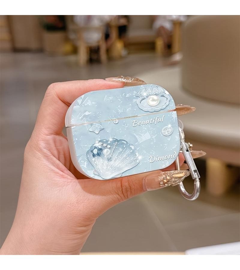 AirPods 3 Plastic Case Light Blue With Pearl Seashell Decor Silver Carabiner Clip - Image 1